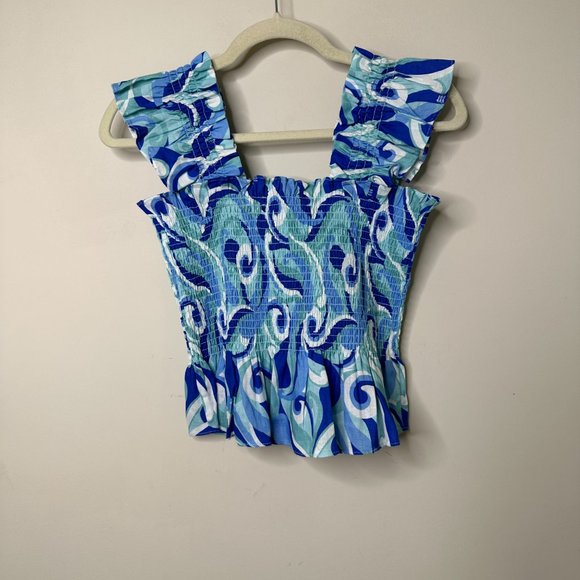 NEW Hill House Paz Top Size S Ocean Kaleidoscope Sleeveless Smocked Linen Nap - Picture 8 of 8